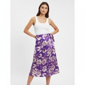Japna Purple White Floral Wrap Tie Side Satin Skirt Size Large